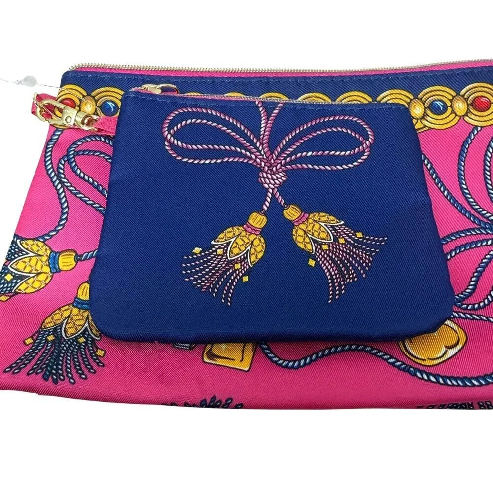 ESTEE LAUDER Set of 2 Cosmetic Makeup Bags Navy Pink Tassel Print